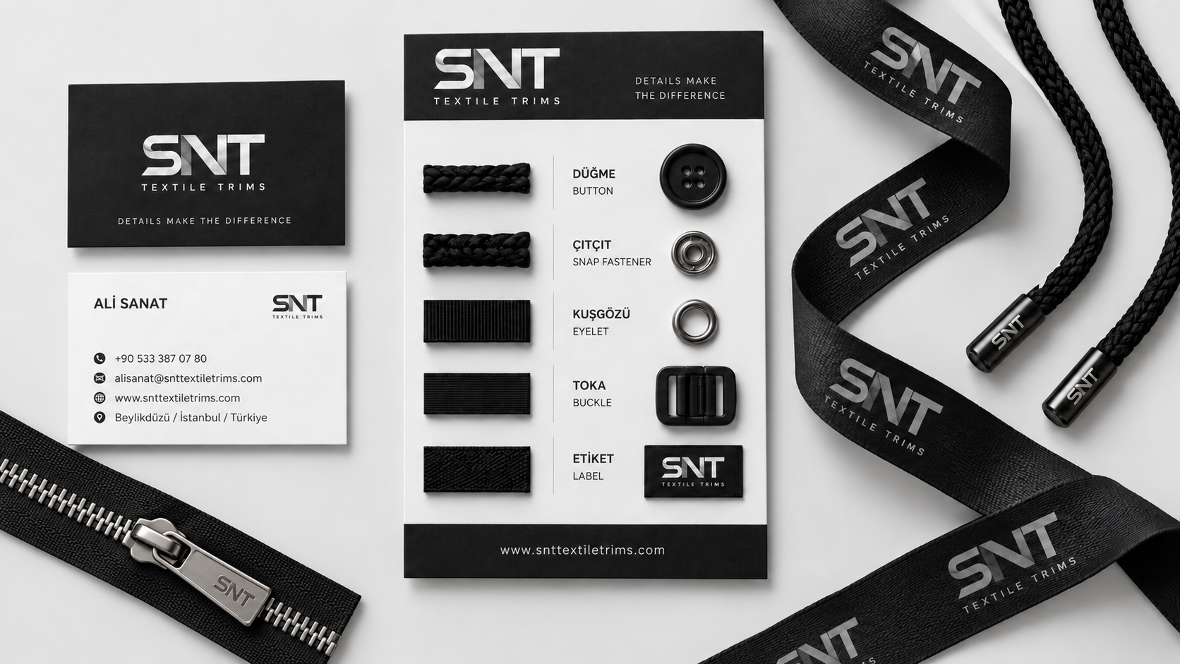 SNT Textile Trims düğme, çıtçıt, kuşgözü, toka, baskılı şerit, metal fermuar ve iki uçlu kordon koleksiyonu